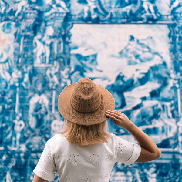 Beautiful azulejos on Chapel of Souls in Porto, Portugal