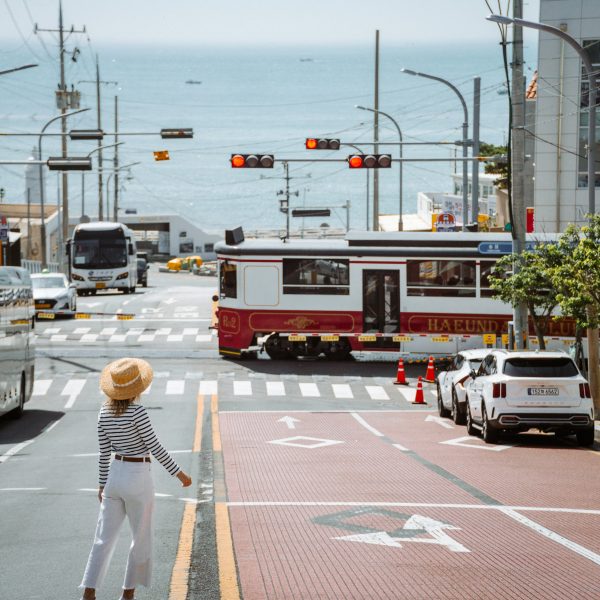 Beach train crossing in Busan, South Korea