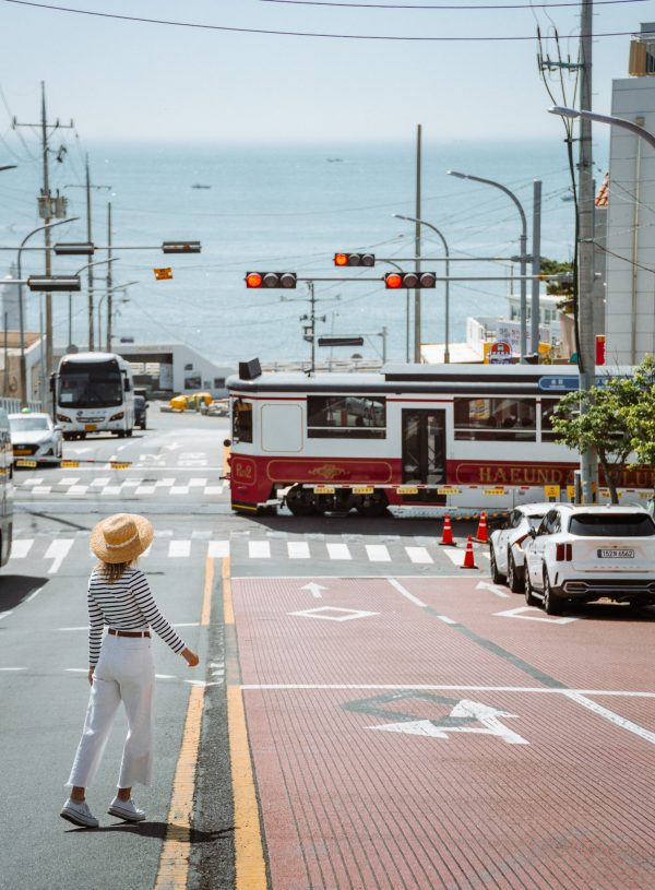 Beach train crossing in Busan, South Korea