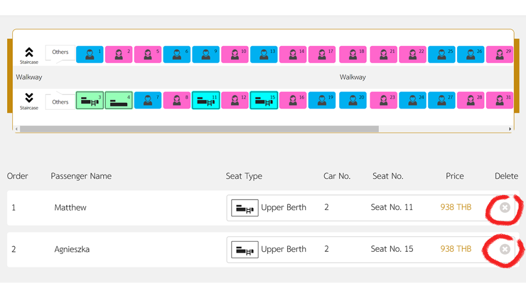Screenshot of the State Railway of Thailand website showing how to delete pre-selected seats.