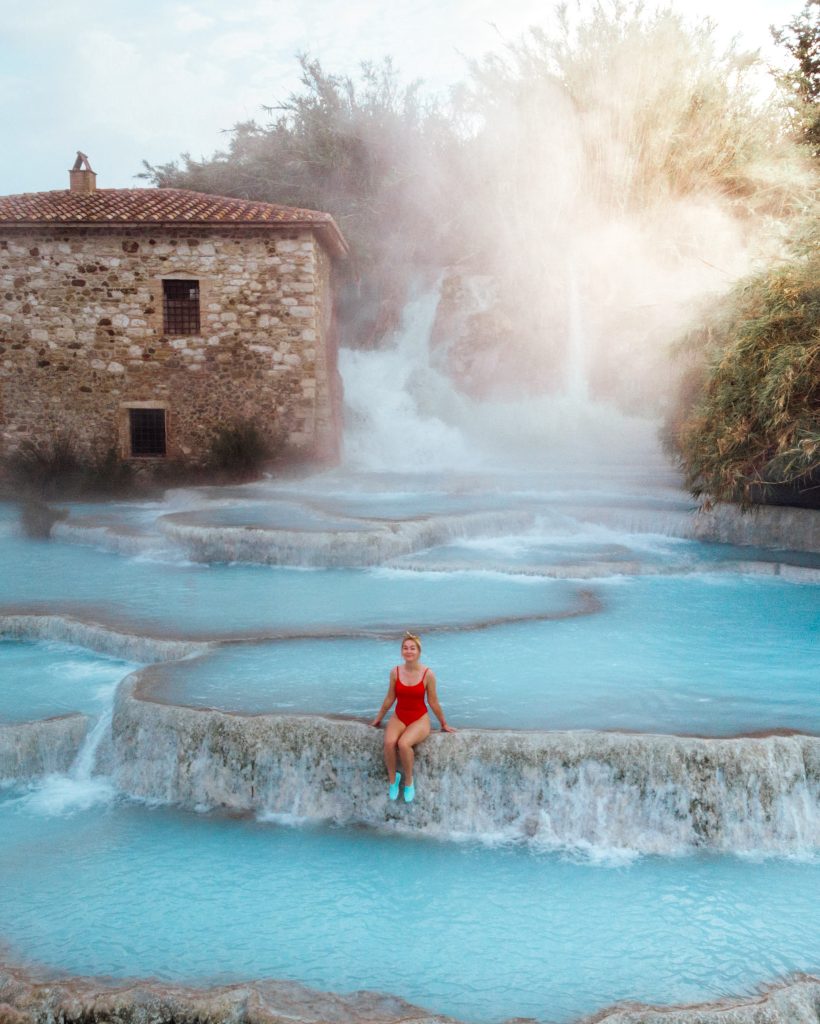 Hot springs in Saturnia in the morning Drone shot