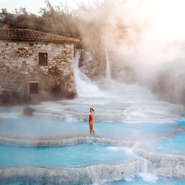 Hot springs in Saturnia drone shot with morning mist