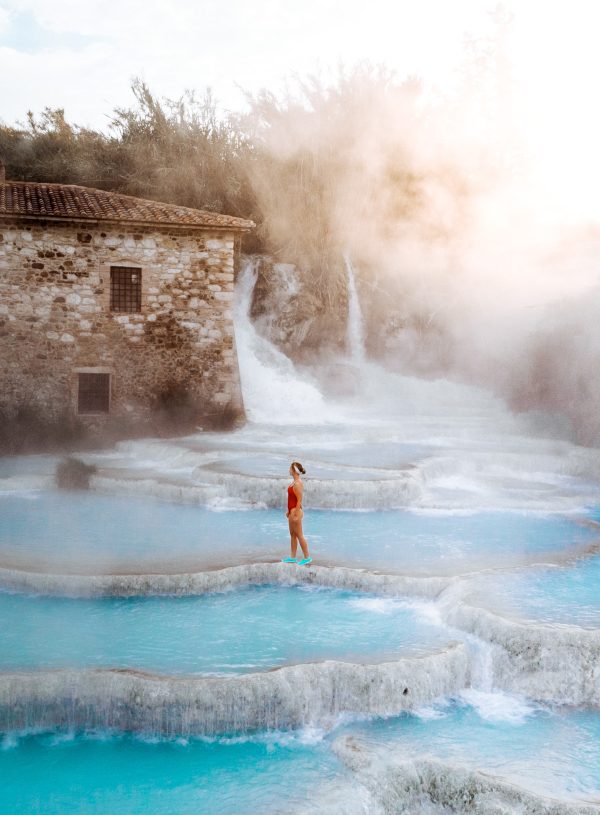 Hot springs in Saturnia drone shot with morning mist