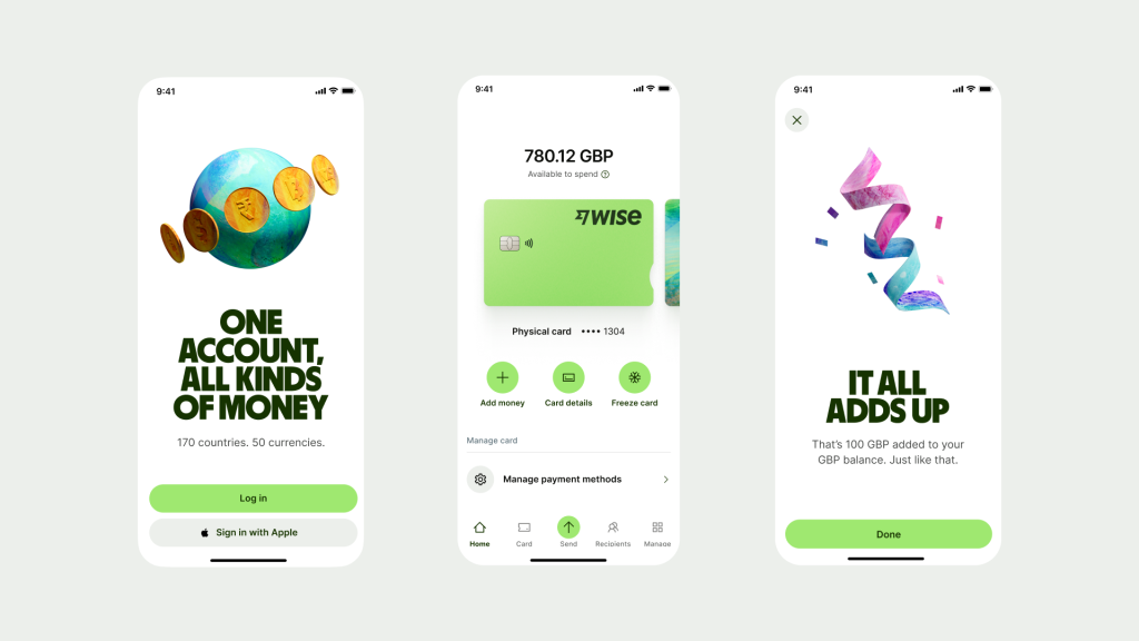 Screenshots of the Wise banking app