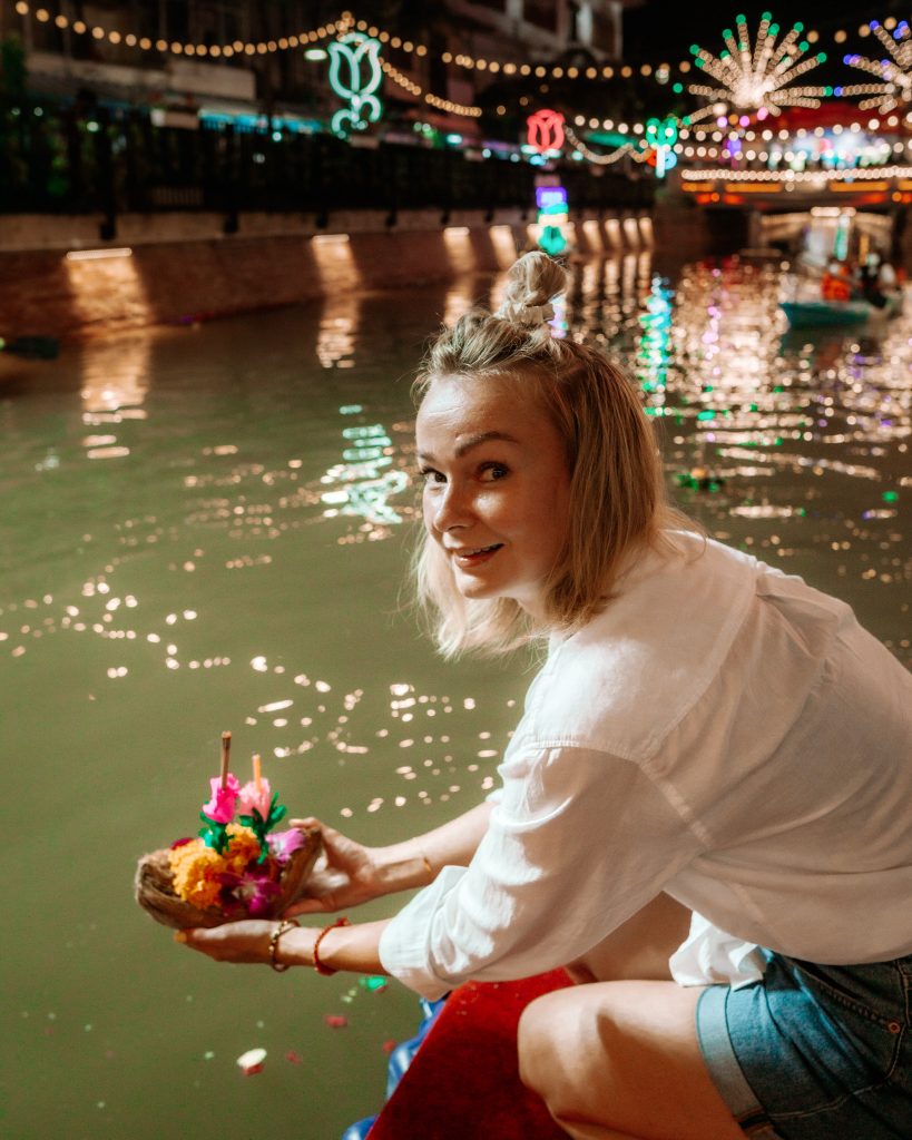 Releasing the krathong during Loy Krathong Festival in Thailand