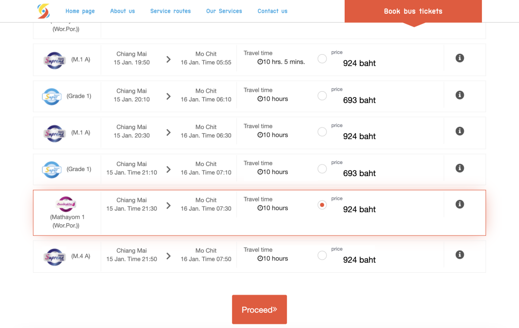 Screenshot showing booking options for Sombat tours Chiang Mai to Mo Chit bus. English Translation.