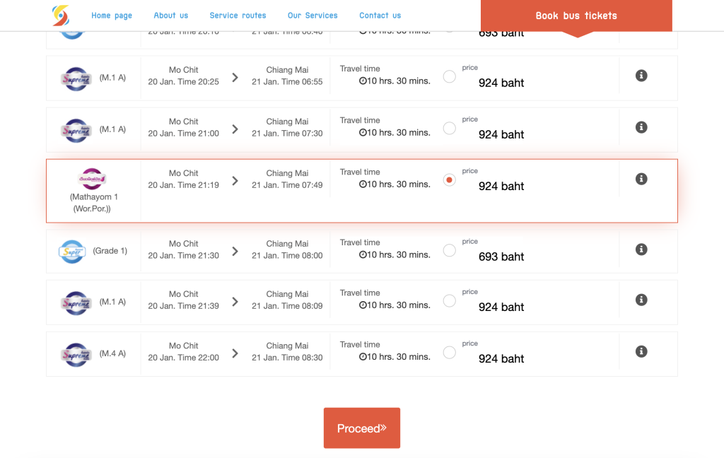 Screenshot showing booking options for Sombat tours Bangkok Mo Chit to Chiang Mai bus. English Translation.