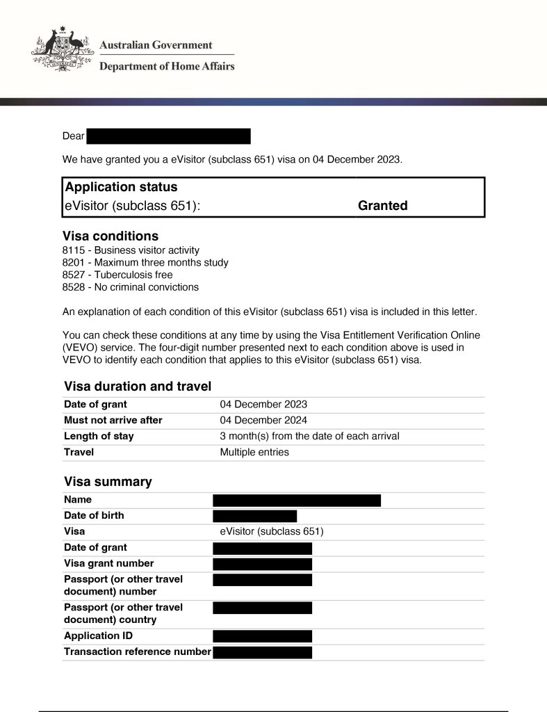 Image showing an Australia eVisa with all information redacted