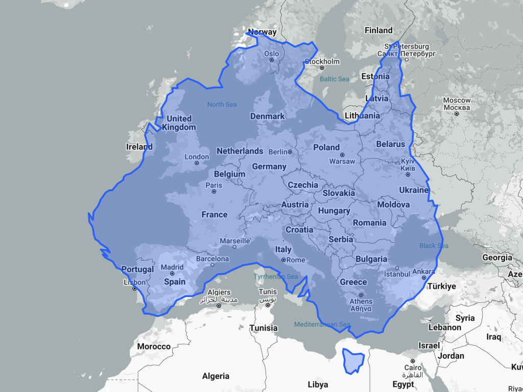 Map showing size comparison between Australia and Europe