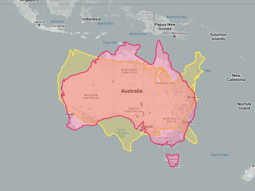 Map showing size comparison between Australia and USA