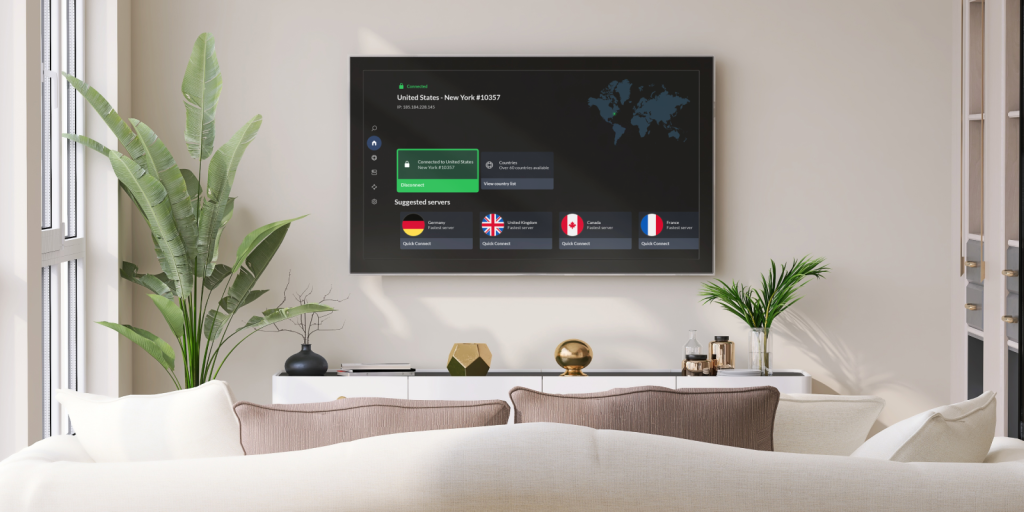 Wall mounted TV showing the NordVPN Interface. 