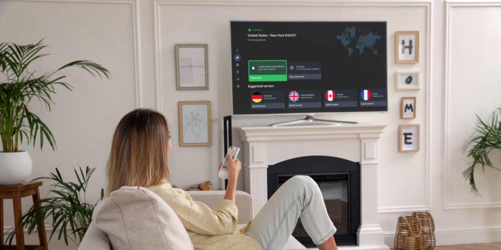 A woman watching TV using NordVPN 