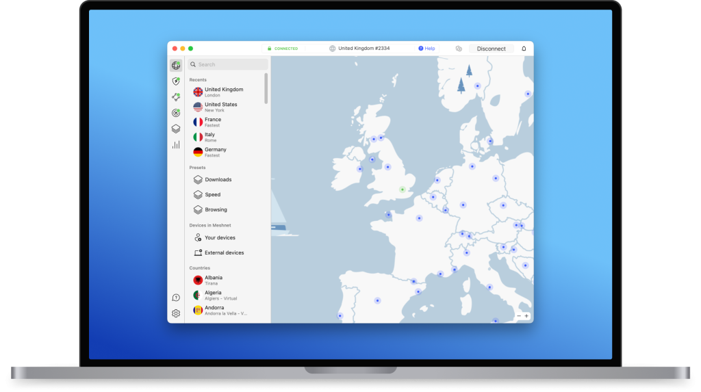 Screenshot of the NordVPN MacOS app, connected to the UK