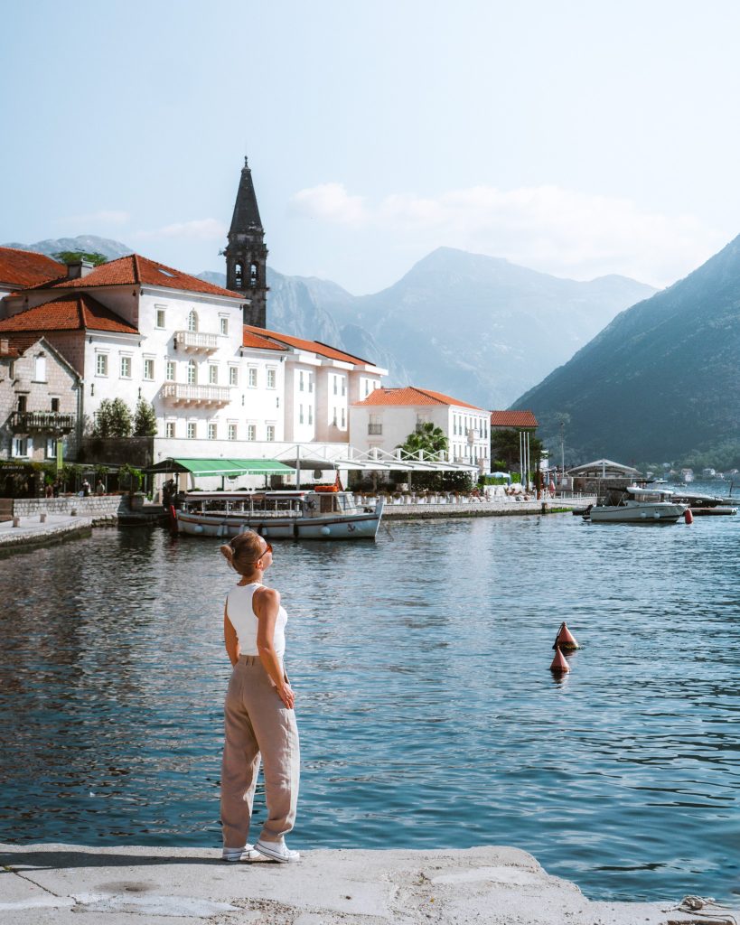 A girl on a shore in Perast, Montenegro