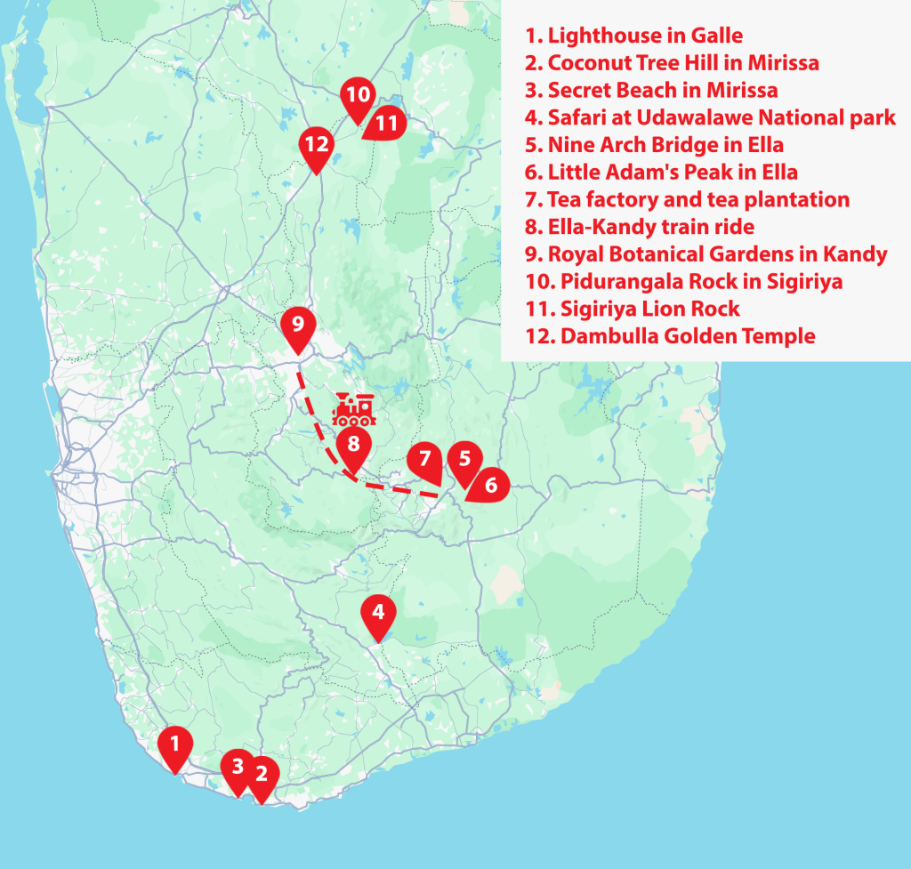 Map of Sri Lanka showing 12 ultimate places to visit