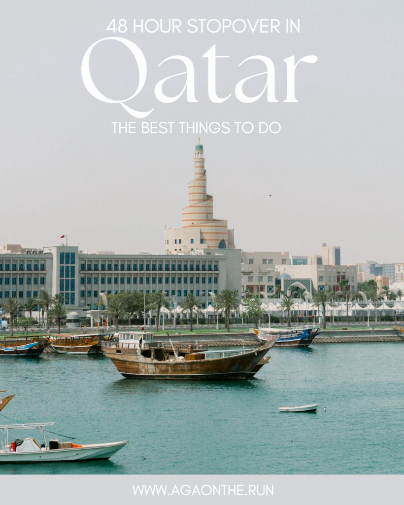 A Pinterest Pin image showing the harbour of Doha with text reading "48 Hour stopover in Qatar - The Best things to Do"