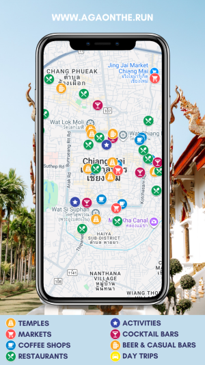 Marketing Image showing Chiang mai on google maps on a phone. The Map has many pins showing interesting locations. The background is an image of a temple in chiang mai, Thailand.