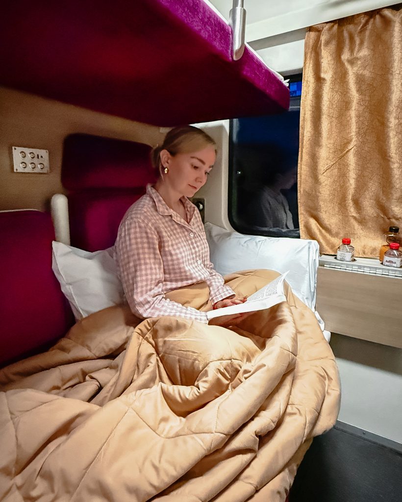Bed time on a sleeper train first class in Thailand