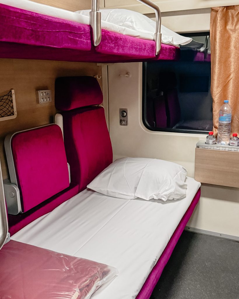 Beds in first class on special sleeper train in Thailand
