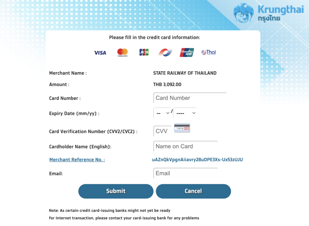 Card information for a train in Thailand