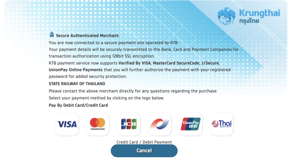 Payment method on Thai Railway website