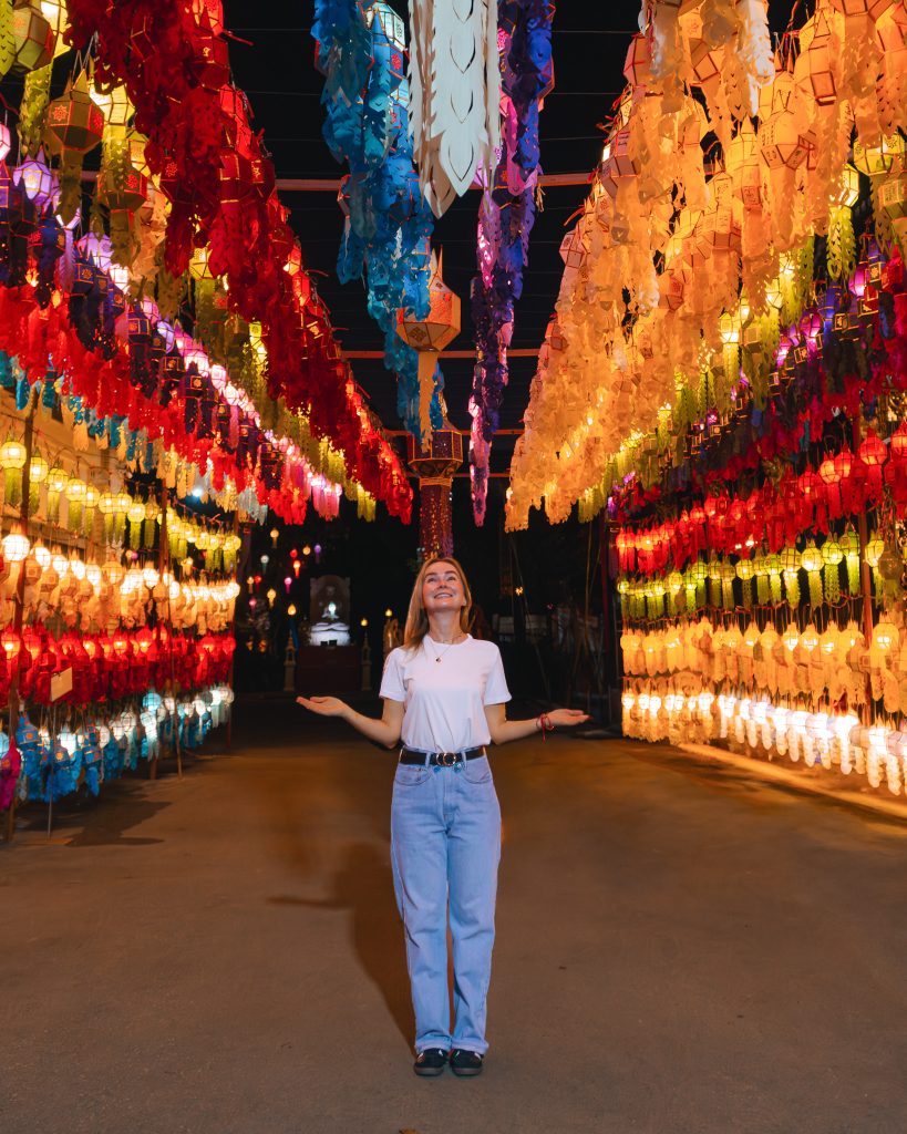 Wat Inthakhin Saude Muang during Yi Peng - lantern tunnel