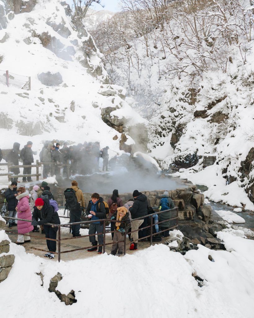 Pools in Snow Monkey Park surrounded by people