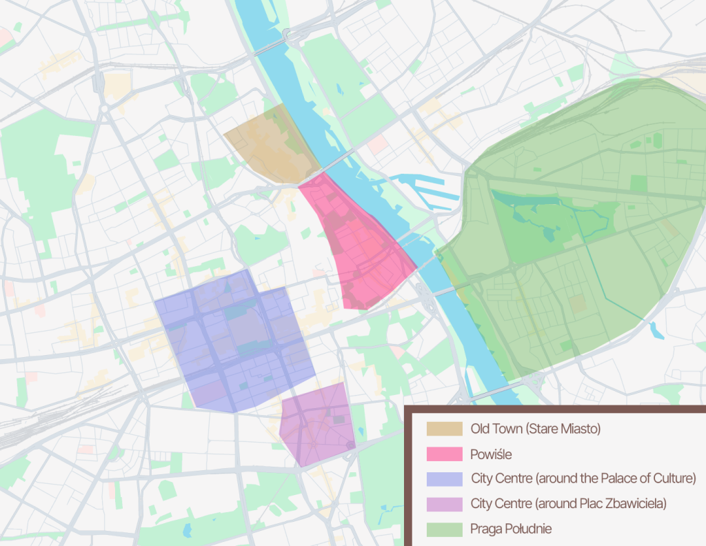 A map showing 5 highlighted districts of Warsaw to indicate places to stay.
