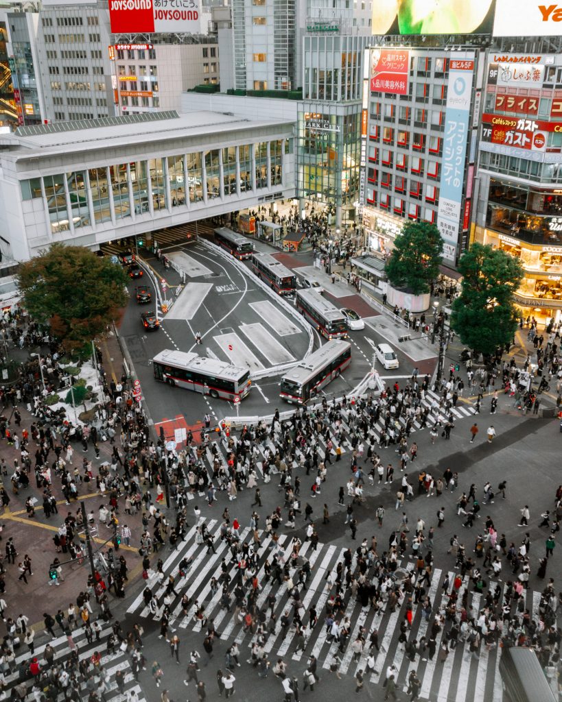 Shibuya crossing in Tokyo from above