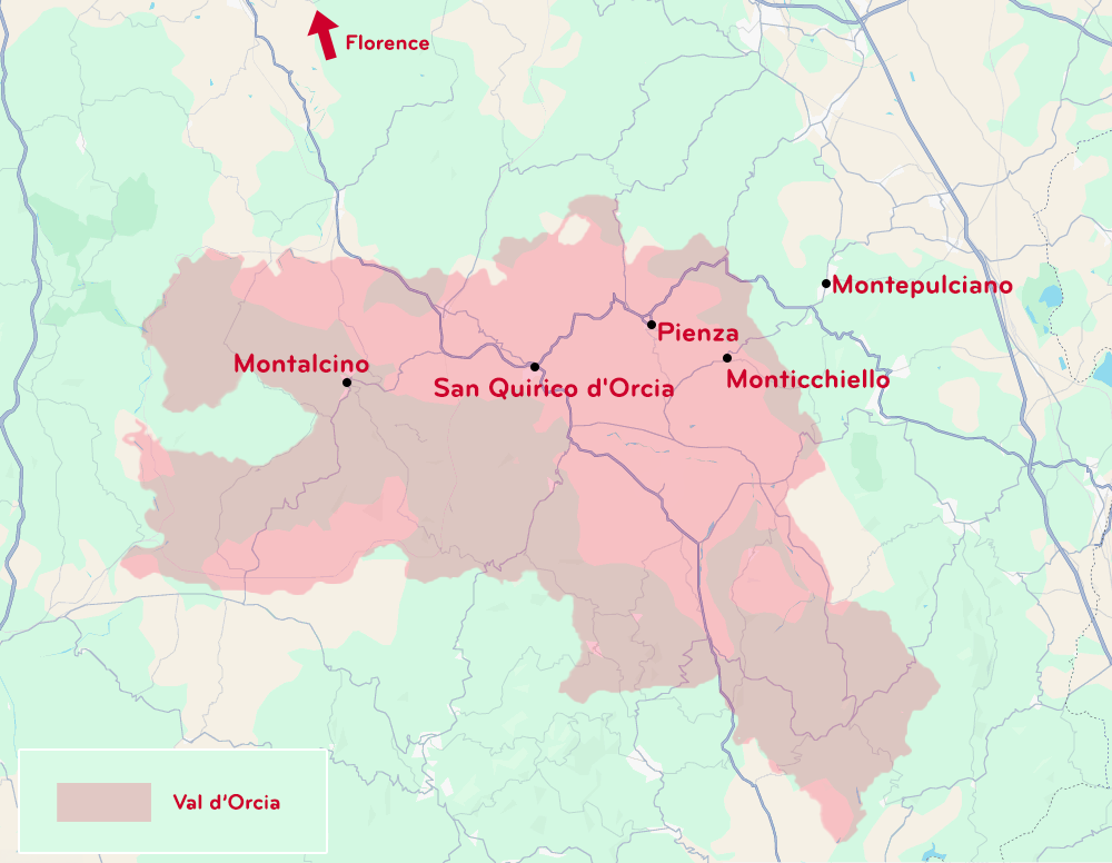 A map of Val D'orcia in Tuscany, Italy. Val D'orcia is shown via a red overlay and the major towns of the region are labelled