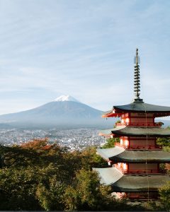 Red pagoda with Mount Fuji, Japan
