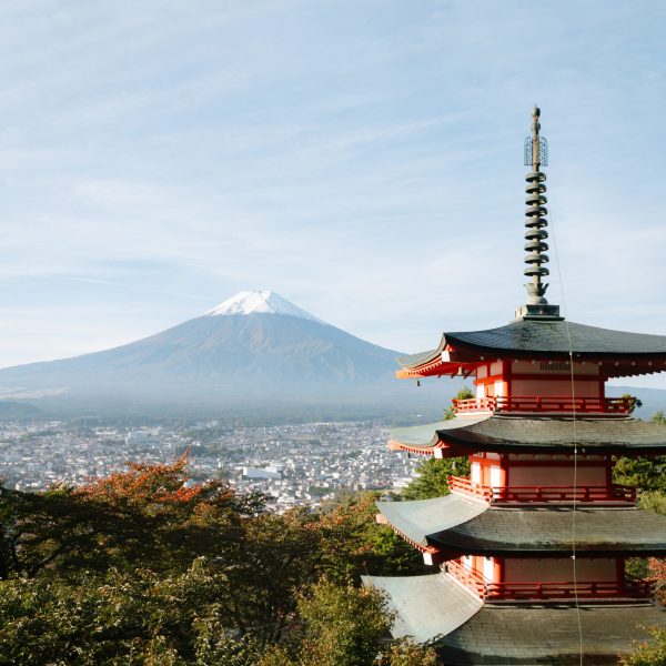 Red pagoda with Mount Fuji, Japan