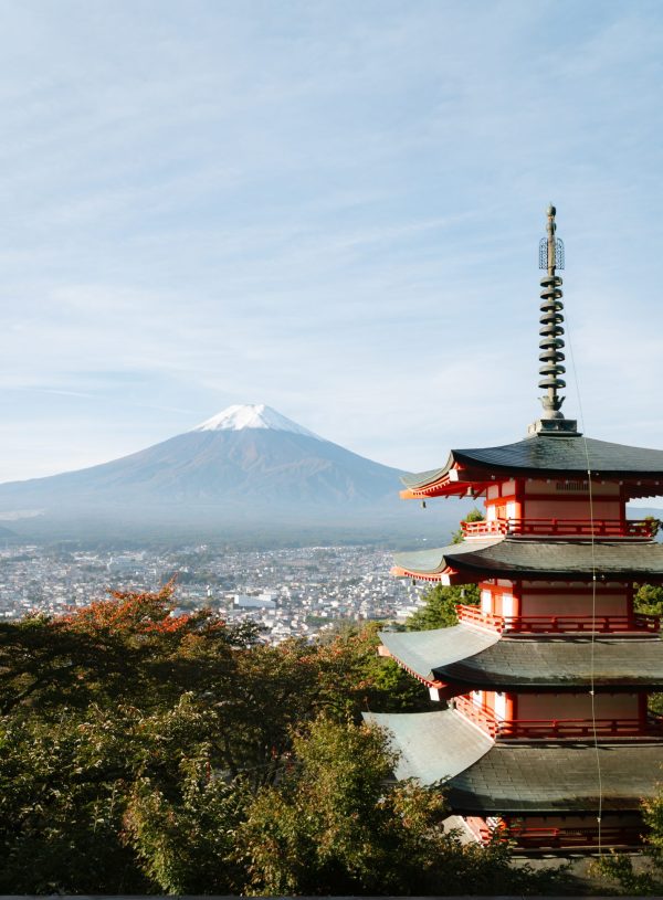 Red pagoda with Mount Fuji, Japan